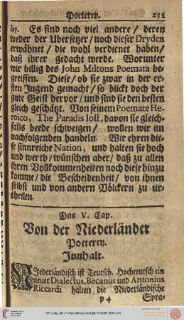 Das V. Cap.: Von der Niederländer Poeterey