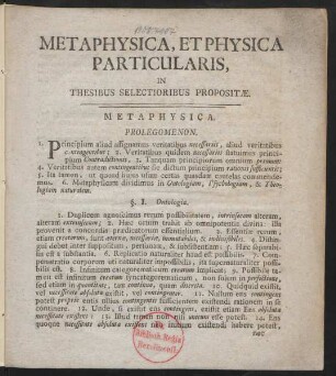 Metaphysica, Et Physica Particularis, In Thesibus Selectioribus Propositæ