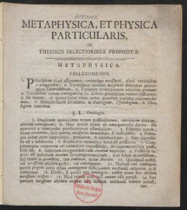 Metaphysica, Et Physica Particularis, In Thesibus Selectioribus Propositæ