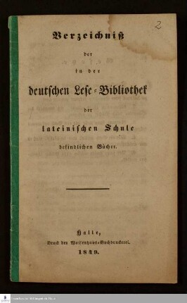 Verzeichniß der in der deutschen Lese-Bibliothek der lateinischen Schule befindlichen Bücher