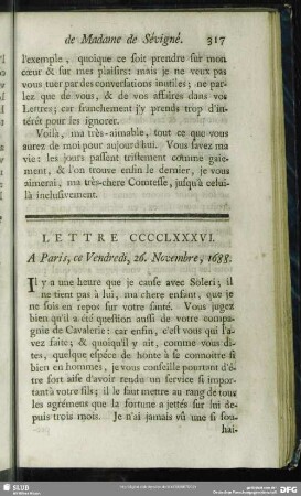 Lettre CCCCLXXXVI. A Paris, ce Vendredi, 26. Novembre, 1688