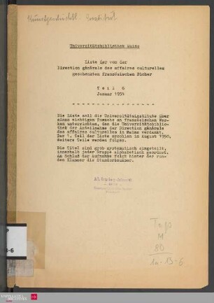 Teil 6: Liste der von der Direction générale des affaires culturelles geschenkten französischen Bücher