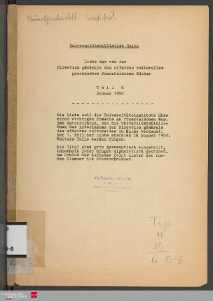 Teil 6: Liste der von der Direction générale des affaires culturelles geschenkten französischen Bücher
