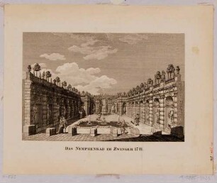 Das Nymphenbad im Zwinger in Dresden im Zustand von 1711, Blick auf die Kaskaden nach Nordwesten, aus den Abbildungen zur Chronik Dresdens von 1835