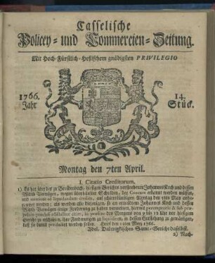 14. Stueck, Montag den 7ten April 1766