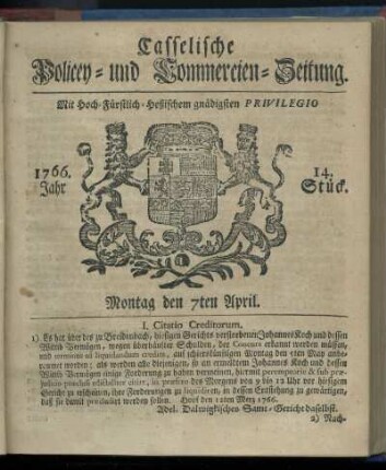 14. Stueck, Montag den 7ten April 1766