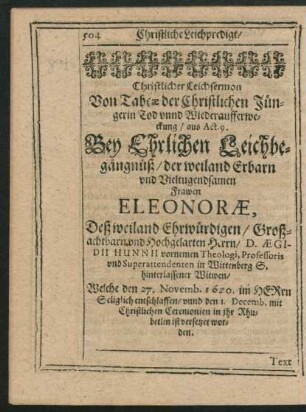Christlicher Leichsermon ... Frawen Eleonorae, Deß weiland Ehrwürdigen ... Herrn D. Aigidii Hunnii ...