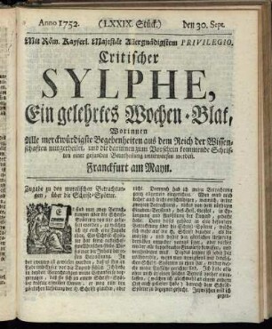(LXXIX. Stück.) den 30. Sept. Anno 1752.