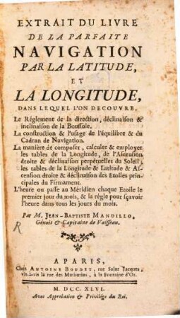 Extrait du livre de la parfaite navigation par la latitude et la longitude