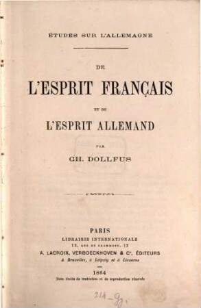 Études sur l'Allemagne : de l'esprit franc̨aise et de l'esprit allemand