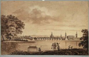 Ansicht von Dresden, Blick von der rechten Elbseite in Höhe der heutigen Marienbrücke auf die Altstadt, die alte Augustusbrücke und die Neustadt