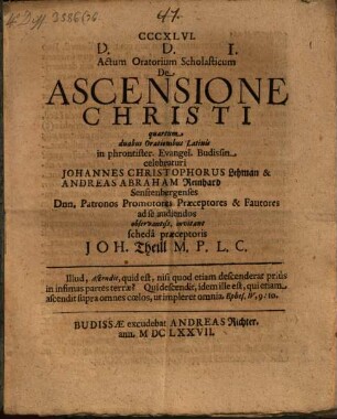 Actum oratorium scholasticum de ascensione Christi