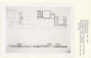 Fernsehstudio, Berlin-Westend (Diplomarbeit bei Willy Kreuer): Grundriss 3. Obergeschoss, Kellergeschoss und Ansicht von Süden 1:200