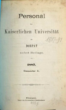 Personal der Kaiserlichen Universität zu Dorpat. 1887, Sem. 1
