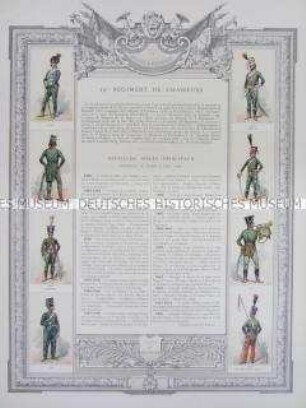 Uniformdarstellung, Rüstungen und Uniformen von Soldaten des 19. Jäger-Regiments zu Pferde und Zeittafel von Schlachten und Belagerungen mit Beteiligung dieses Regiments bzw. seiner Vorläufer, Frankreich, 1793-1823.