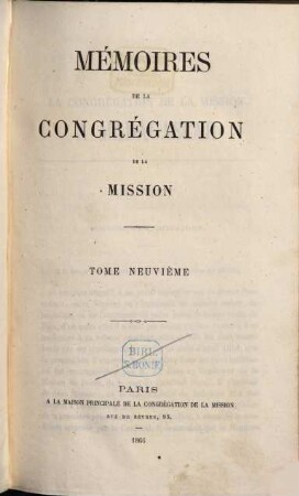 Mémoires de la Congrégation de la Mission. 9. 1866