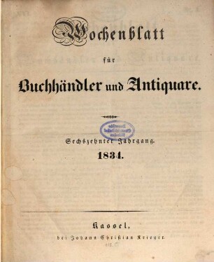 Wochenblatt für Buchhändler und Antiquare. 16, 16. 1834