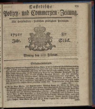 8tes Stueck, Montag den 21ten Februar. 1791