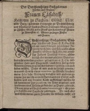 Der Durchlauchtigsten Hochgebornen Fürstin und Frauen Frauen Elisabeth, Hertzogin zu Sachsen [...]