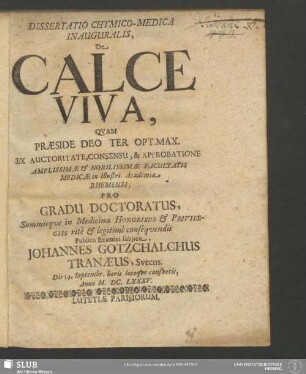 Dissertatio Chymico-Medica Inauguralis De Calce Viva