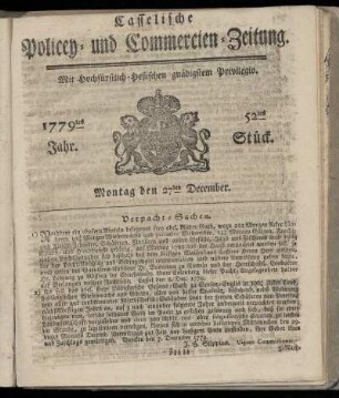 52tes Stueck, Montag den 27ten December. 1779