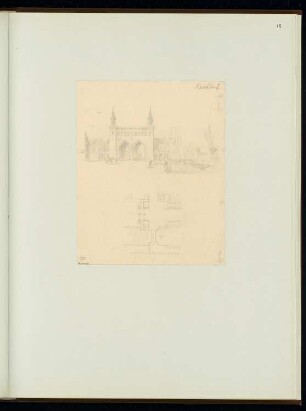 Wassertor Monatskonkurrenz November 1852: Lageplan mit Grundriss, perspektivische Ansicht; Maßstabsleiste