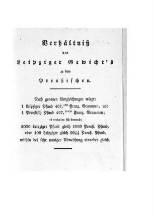Verhältniß des Leipziger Gewicht´s zu dem Preußischen