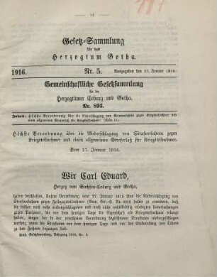 5. Höchste Verordnung über die Niederschlagung von Strafverfahren gegen Kriegsteilnehmer und einen allgemeinen Straferlaß für Kriegsteilnehmer. Vom 27. Januar 1916