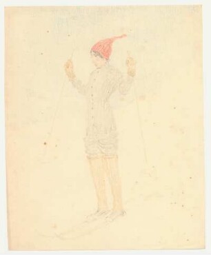 Studie Winterkleidung : Weibliche Figurine mit Skiern, enger Hose und knielangen Strümpfen, enge hochgeschlossene Jacke, langzipflige Mütze