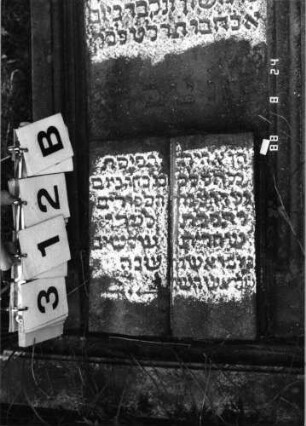 Grabstein 312 (Index: 100095691) Maße HxBxT: 250x53x21 cm Symbolik: Beschneidungsmesser, aufgeschlagenes Buch Besonderheit: kulturhistorisch wertvoll / hist.-wiss. Gründe (Gemeindestellung): Grabstein 312B