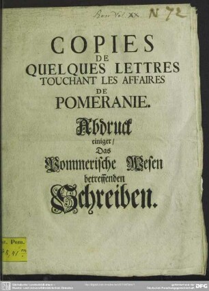 Copies De Quelques Lettres Touchant Les Affaires De Pomeranie