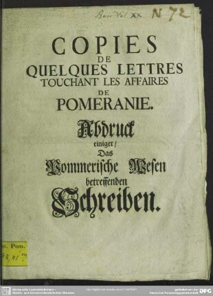 Copies De Quelques Lettres Touchant Les Affaires De Pomeranie