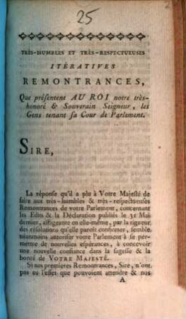 Très-Humbles Et Très-Respectueuses Itératives Remontrances, Que présentent Au Roi notre très-honoré & Souverain Seigneur, les Gens tenant sa Cour de Parlement : [Arrêté en Parlement, les Chambres assemblées, le 27 Août 1763]
