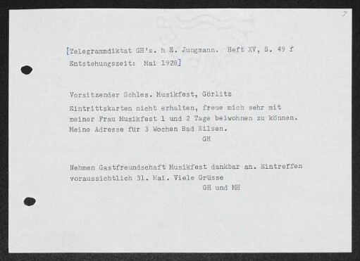 Brief von Gerhart Hauptmann und Margarete Hauptmann an Schlesisches Musikfest <1928, Görlitz>