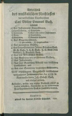 Verzeichniß des musikalischen Nachlasses des verstorbenen Capellmeisters Carl Philipp Emanuel Bach