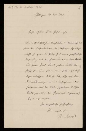 Nr. 1: Brief von Rudolf Smend an Ernst Heinrich Ehlers, Göttingen, 30.11.1897
