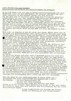 Flugschrift: Liebe Nachbarinnen und               Nachbarn, ... des Heinrichplatzes und Umgebung! 1989