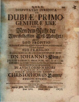Diss. iur. de dubiae primogeniturae iure