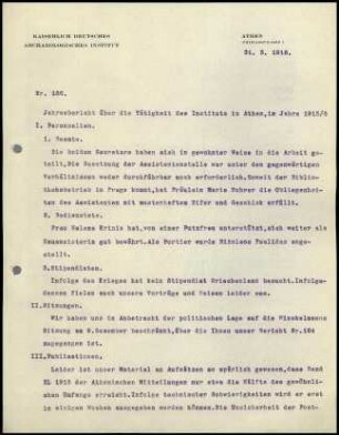 Jahresbericht über die Tätigkeit des Instituts in Athen im Jahre 1915/1916