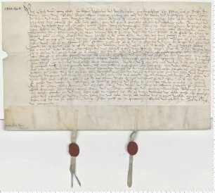 Eheberedung des Bürgers Joh. Tobynghe, Jürgens Sohnes, und Ilseben, der Tochter des verstorbenen Ratsmannes Meynharth Thobings, besiegelt von den Ratsmannen Schomaker und Semmelbecker.