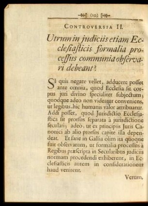 Controversia II. Utrum in iudiciis etiam Ecclesiasticis formalia processus communia observari debeant?