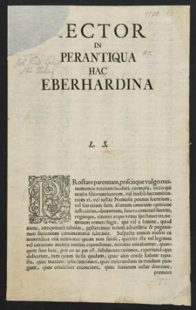 Rector In Perantiqua Hac Eberhardina L. S.