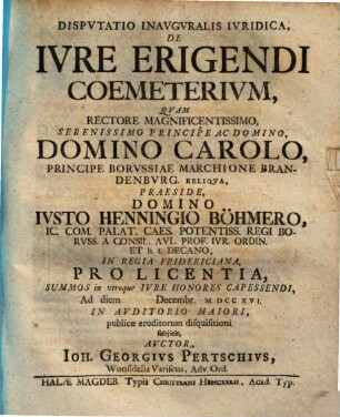 Dispvtatio Inavgvralis Ivridica, De Ivre Erigendi Coemeterivm