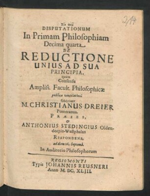 Disputationum In Primam Philosophiam Decima quarta De Reductione Unius Ad Sua Principia