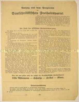 Antisemitisches Wahlflugblatt der Deutschvölkischen Freiheitspartei mit kurzem und ausführlichem Auszug aus dem Parteiprogramm sowie Beitrittserklärung