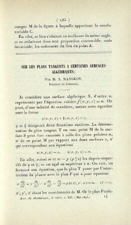 Sur les plans tangents a certaines surfaces algébriques.