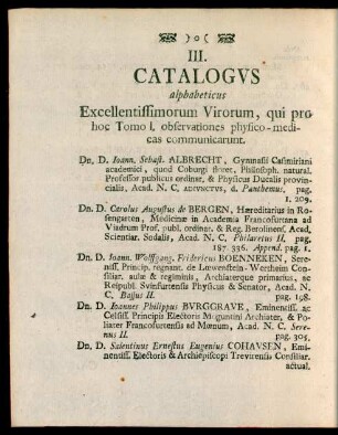 III. Catalogus alphabeticus Excellentissimorum Virorum, qui pro hoc Tomo I. observationes physico-medicas communicarunt.