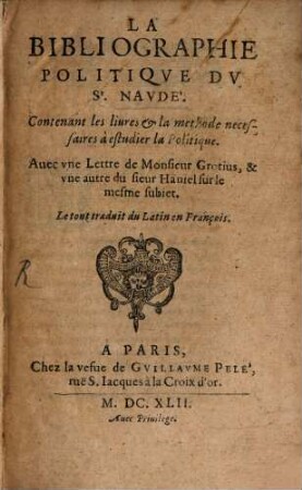 La Bibliographie Politiqve Dv St. Navdé