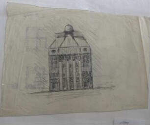[Wohn- und Geschäftshaus mit Kolossalordnung, Mittelrisalit und kleiner Kuppel Rückseite: Grundrißstudien]