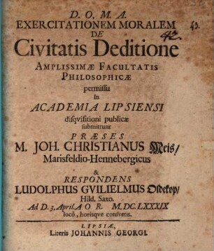 Exercitatio mor. de civitatis deditione